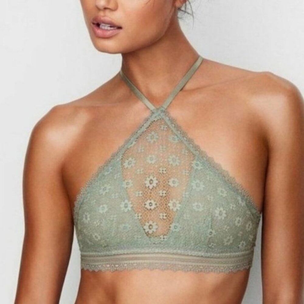 Victoria's Secret High Neck Lace Bralette Sage Green Size Medium New without Tag